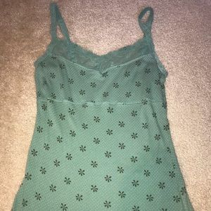 Green and white polka dot tank with lace detail
